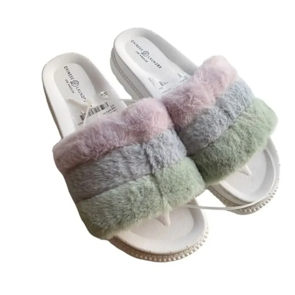 Chinese Laundry Sandal Womens Size 9 Open Toe Faux Fur Accent Platform‎ Slip On